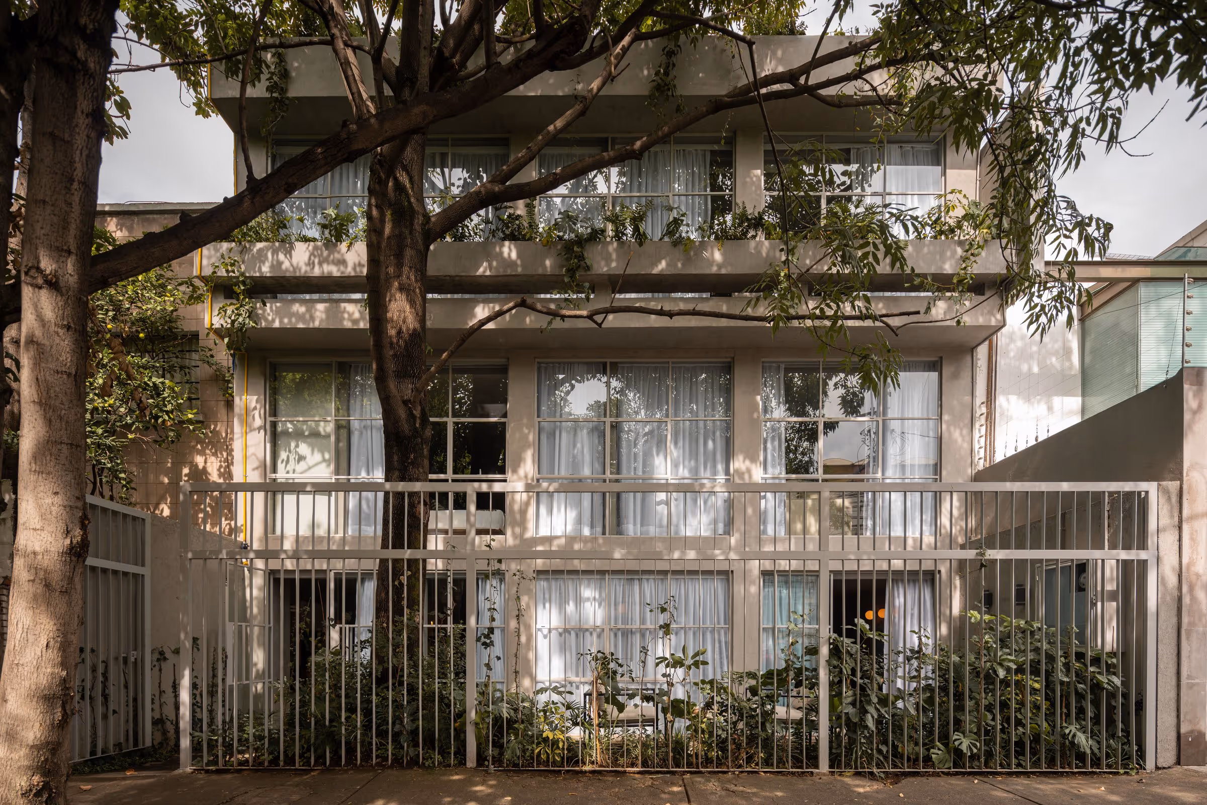 Modern two-story building with large windows, white curtains, surrounded by trees and a metal fence.