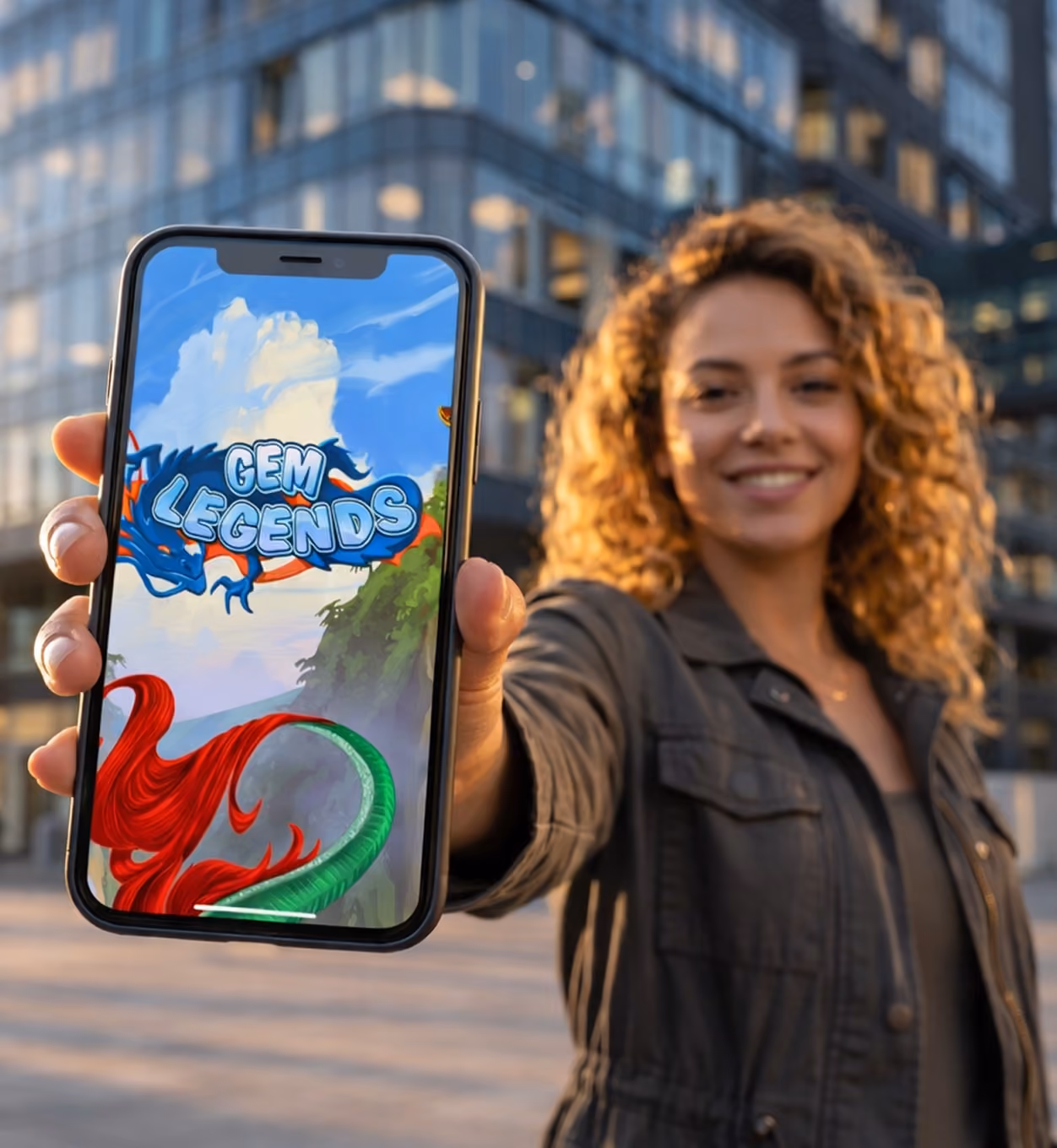 Smiling woman holding phone showing the Gem Legends game app with dragon artwork on screen.