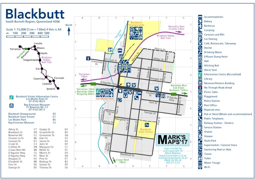 Blackbutt town map showing streets, amenities, and local services.