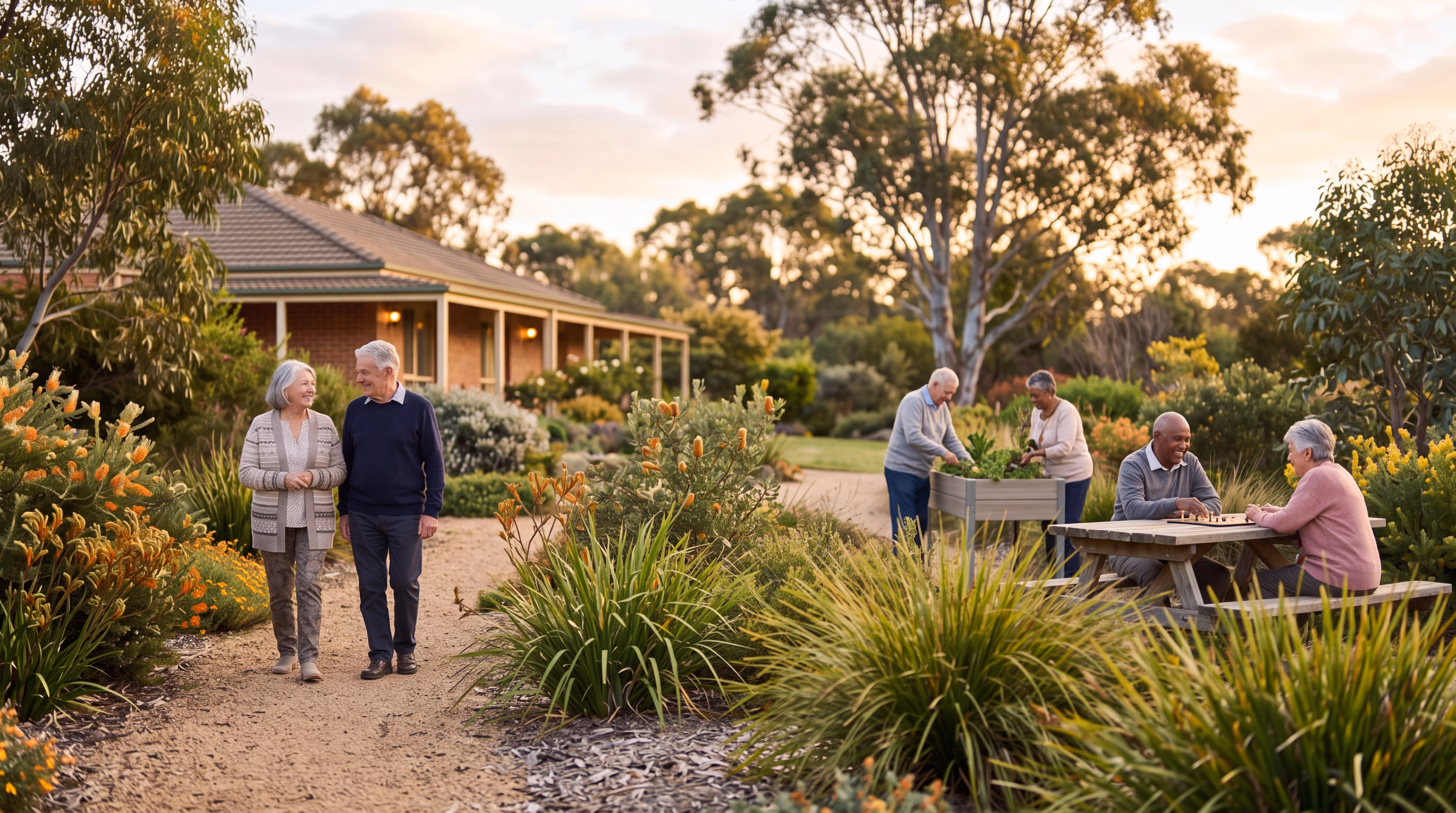 Residents enjoying outdoor garden spaces at Greenhills Villas.