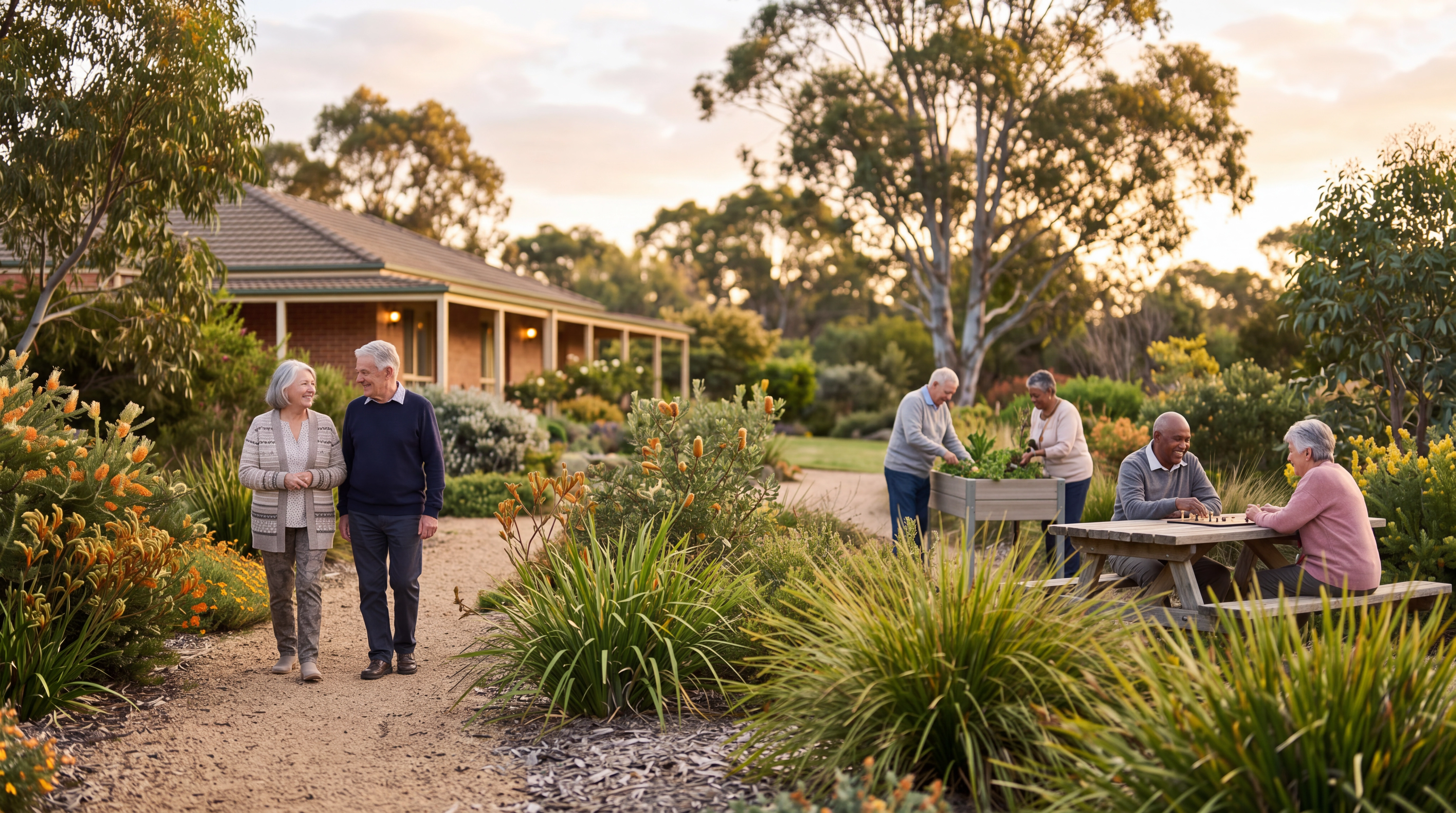 Residents enjoying outdoor garden spaces at Greenhills Villas.
