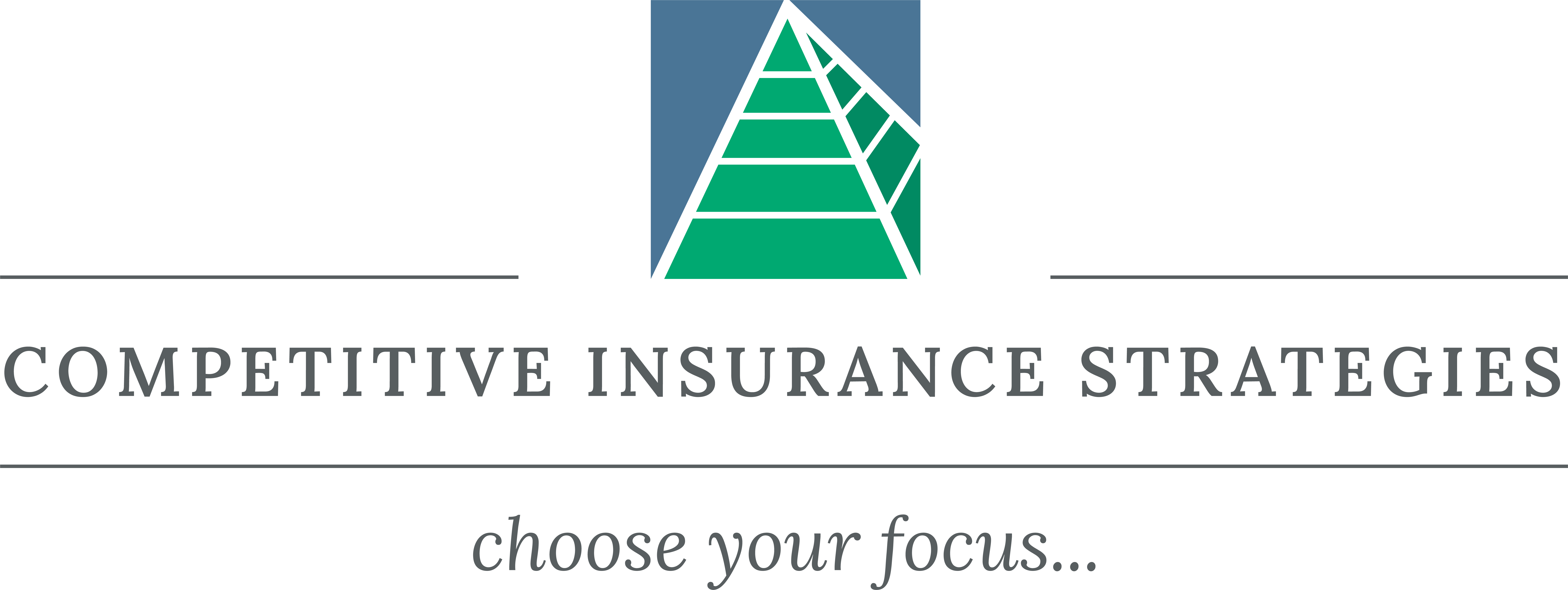 Logo with a green and blue triangular prism above the text Competitive Insurance Strategies and tagline choose your focus
