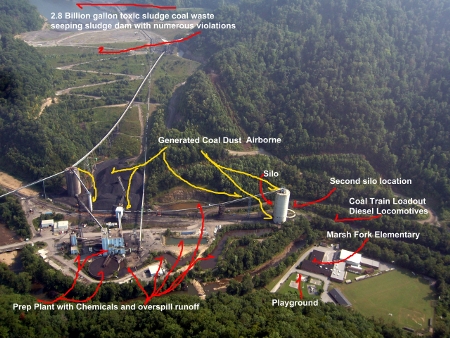 Marsh Fork Elementary, the Goals Coal Processing Plant and the Edwight surface mine (operated by Independence Coal and Alex Energy).  Photo by XX.