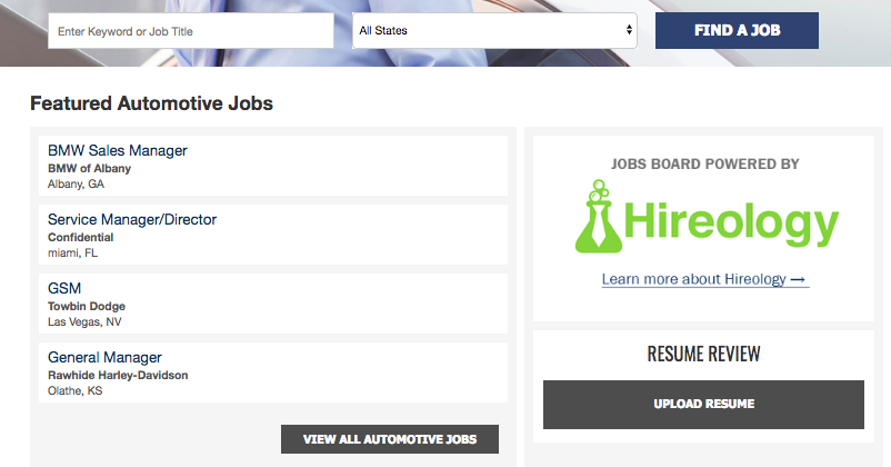 Job search bar, featured automotive jobs list, Hireology job board, and resume upload button.
