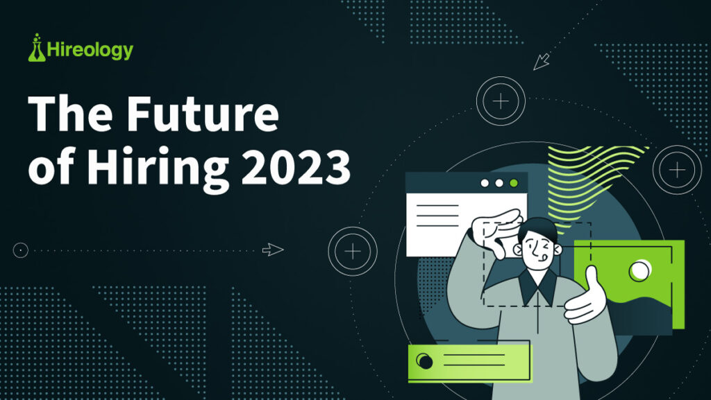 Illustration with text 'The Future of Hiring 2023' and a person with digital interface elements.