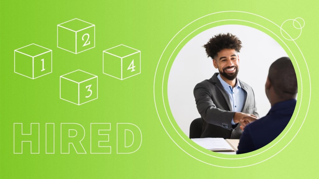 Smiling man in blazer shaking hands with another person, with 'HIRED' text and numbered blocks on green.