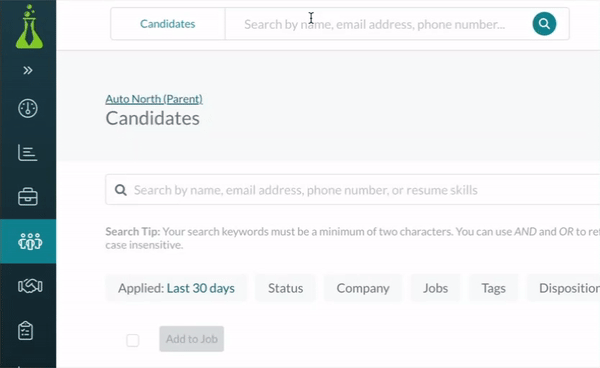 Job applicant tracking software showing candidates search and filter options on screen.
