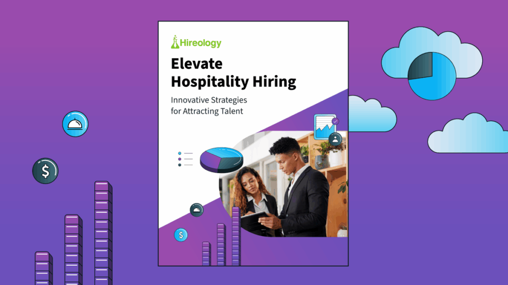 Cover of a Hireology guide titled Elevate Hospitality Hiring with two professionals reviewing a tablet.
