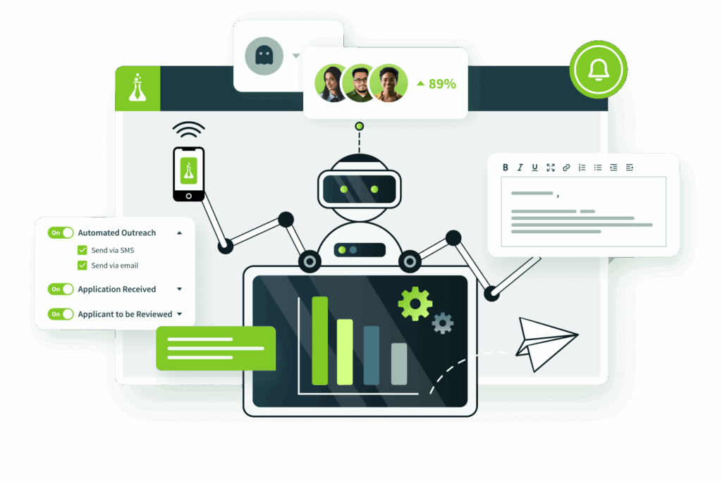 Robot arms automate hiring tasks showing charts, messages, notifications, and candidate profiles on screen.