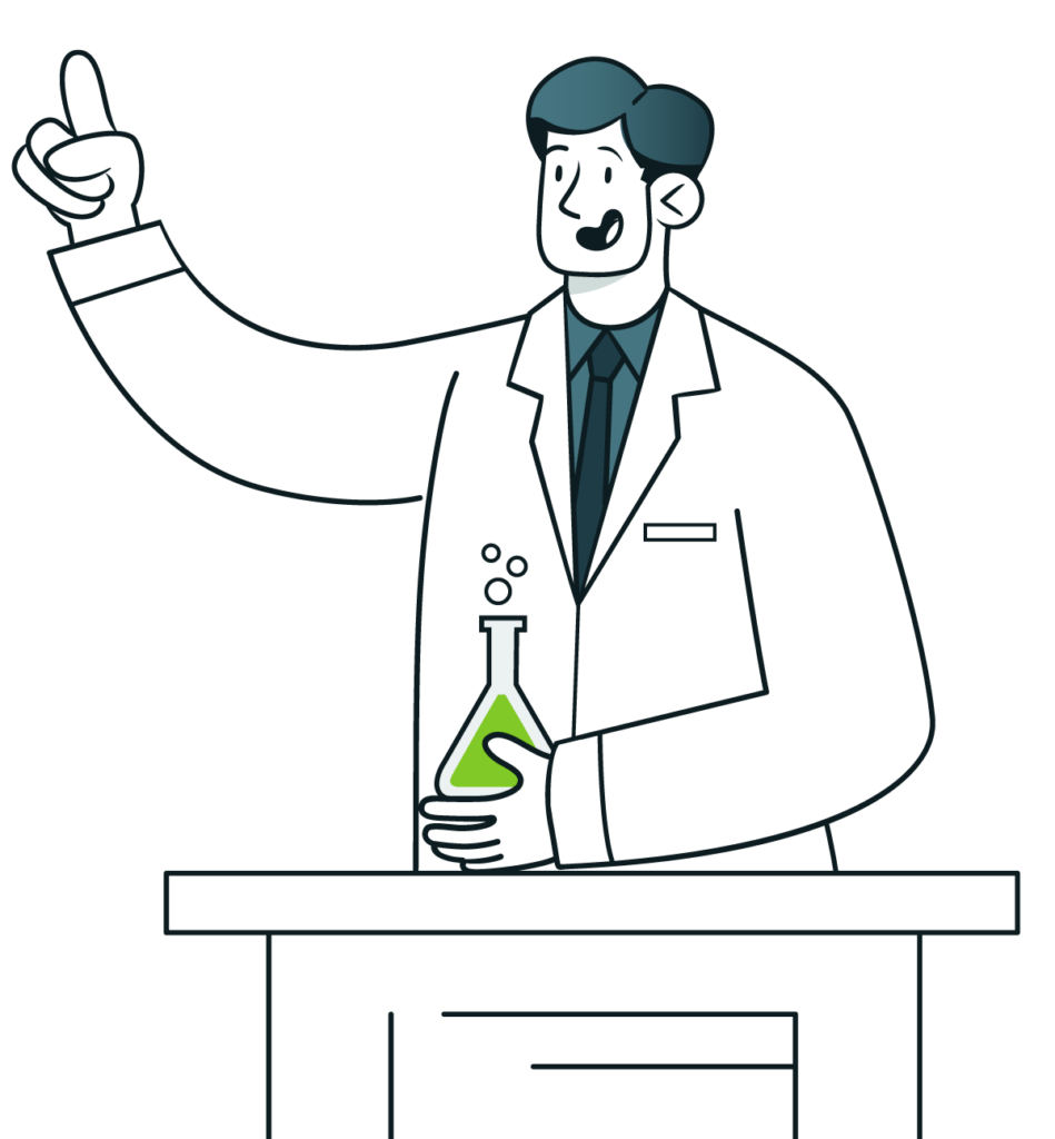 Scientist in a white coat holding a bubbling flask, pointing upwards while standing at a table.