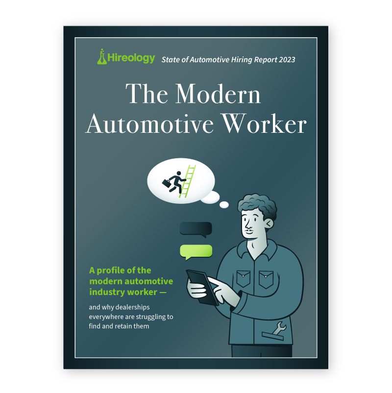 Cover page titled The Modern Automotive Worker with a man holding a tablet and thought bubbles.