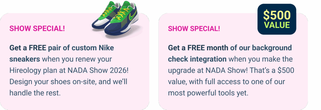 Two promo cards: one offers free custom Nike sneakers, the other a free month of background check integration.