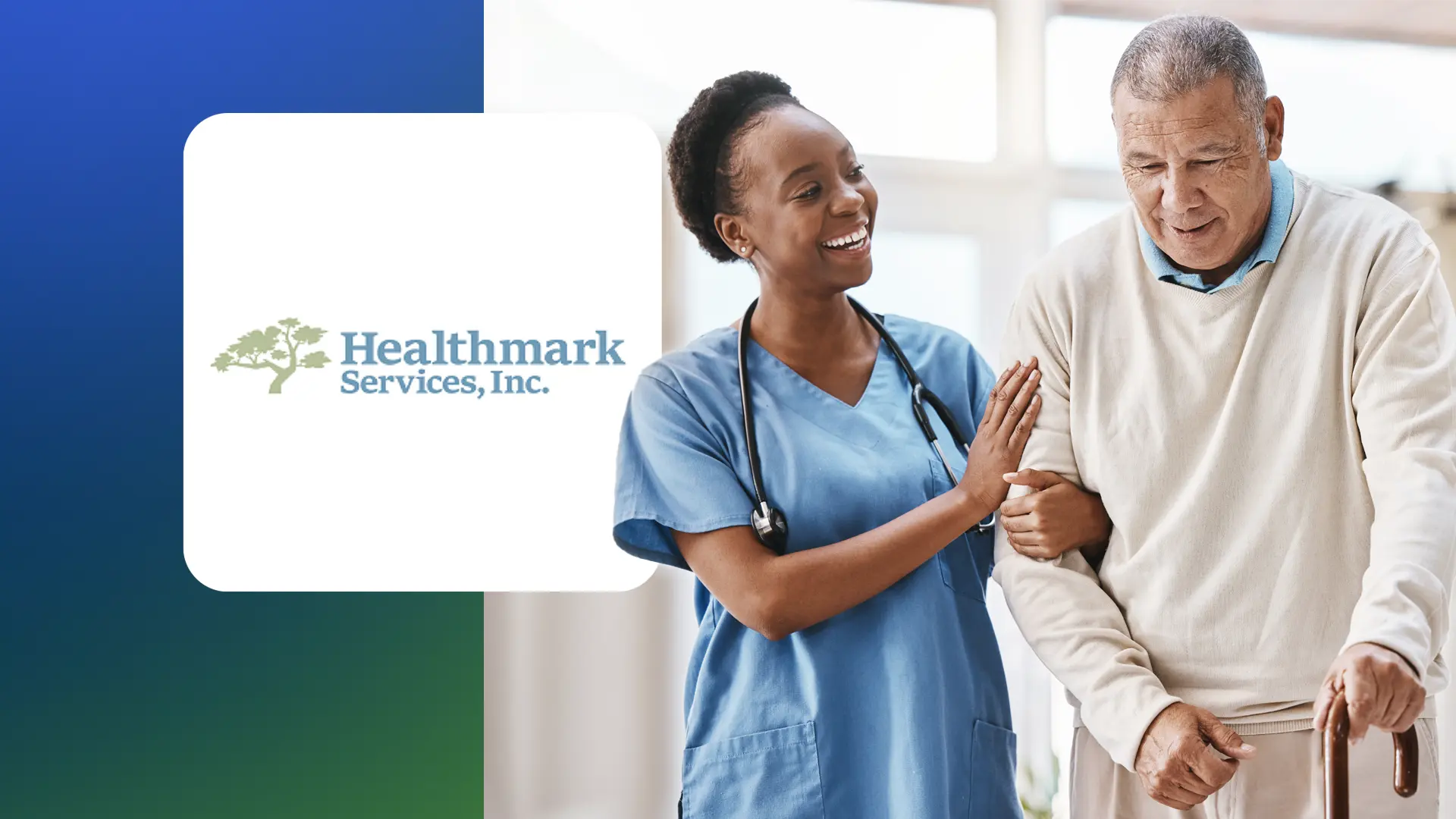 Smiling female nurse in blue scrubs supports elderly man using a cane indoors.
