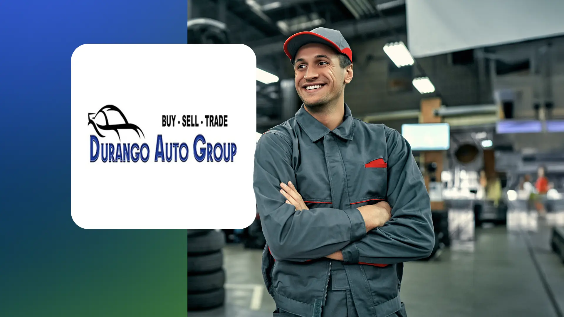 Smiling auto mechanic in gray uniform standing inside a garage with Durango Auto Group logo beside him.