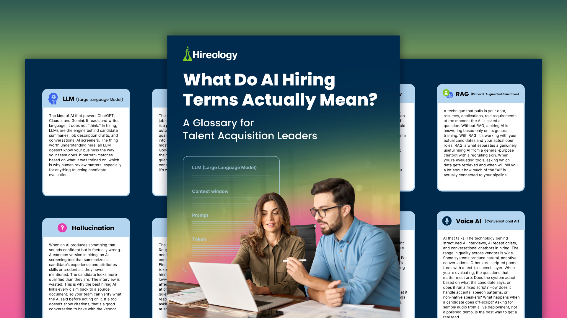 Two professionals discussing AI hiring terms on a laptop, with glossary text overlay behind them.