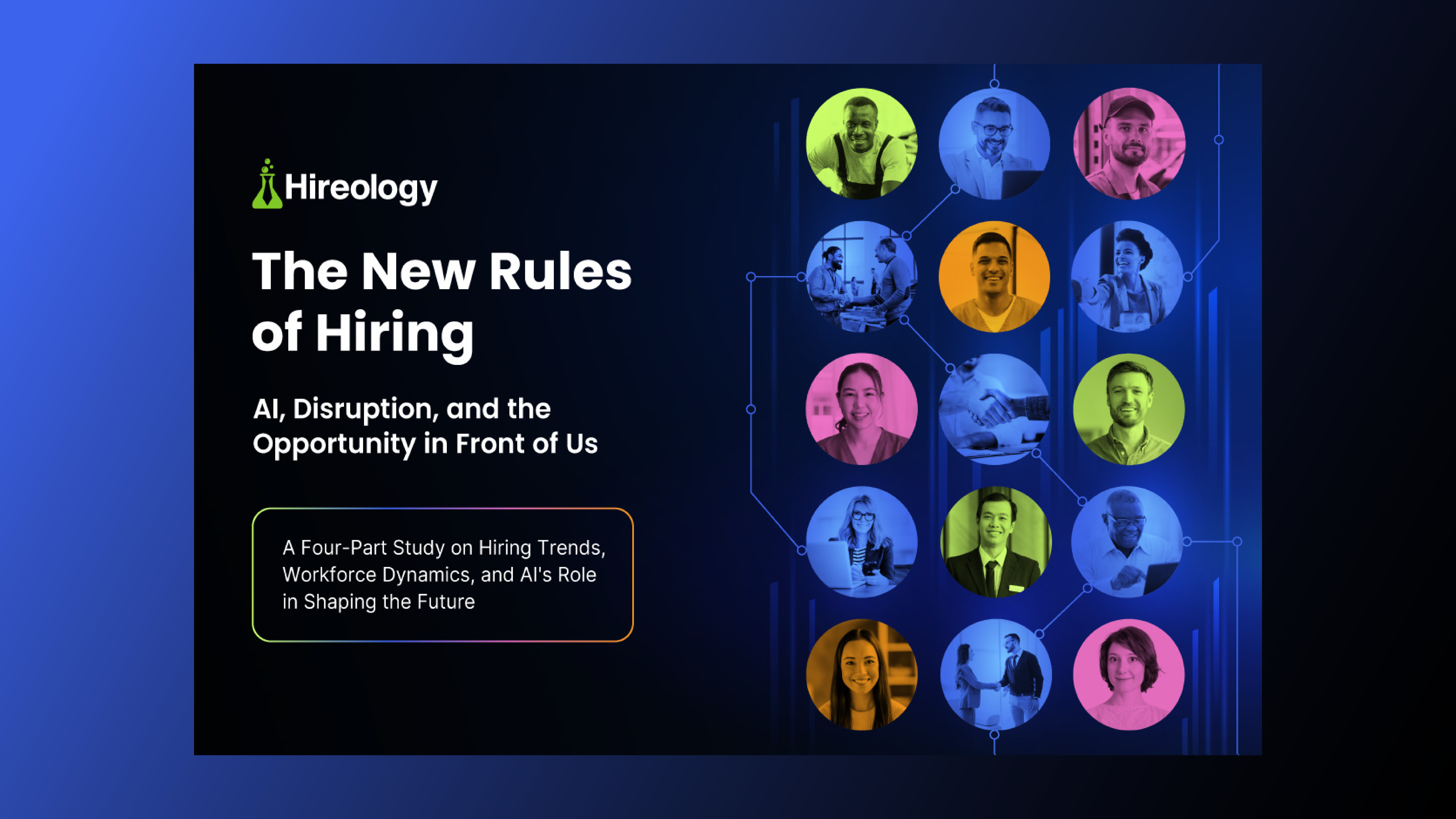 Hireology cover with title 'The New Rules of Hiring' and colored circles showing diverse people connected.