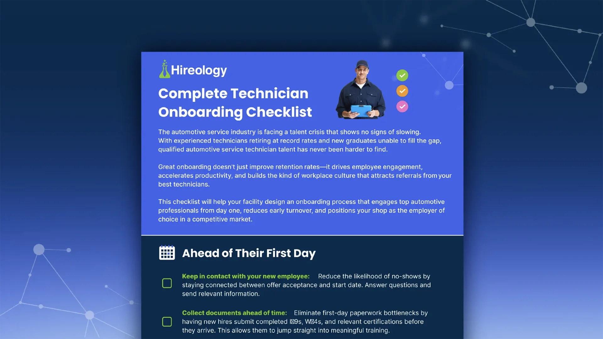 Hireology Complete Technician Onboarding Checklist with tips to reduce no-shows and collect documents early.