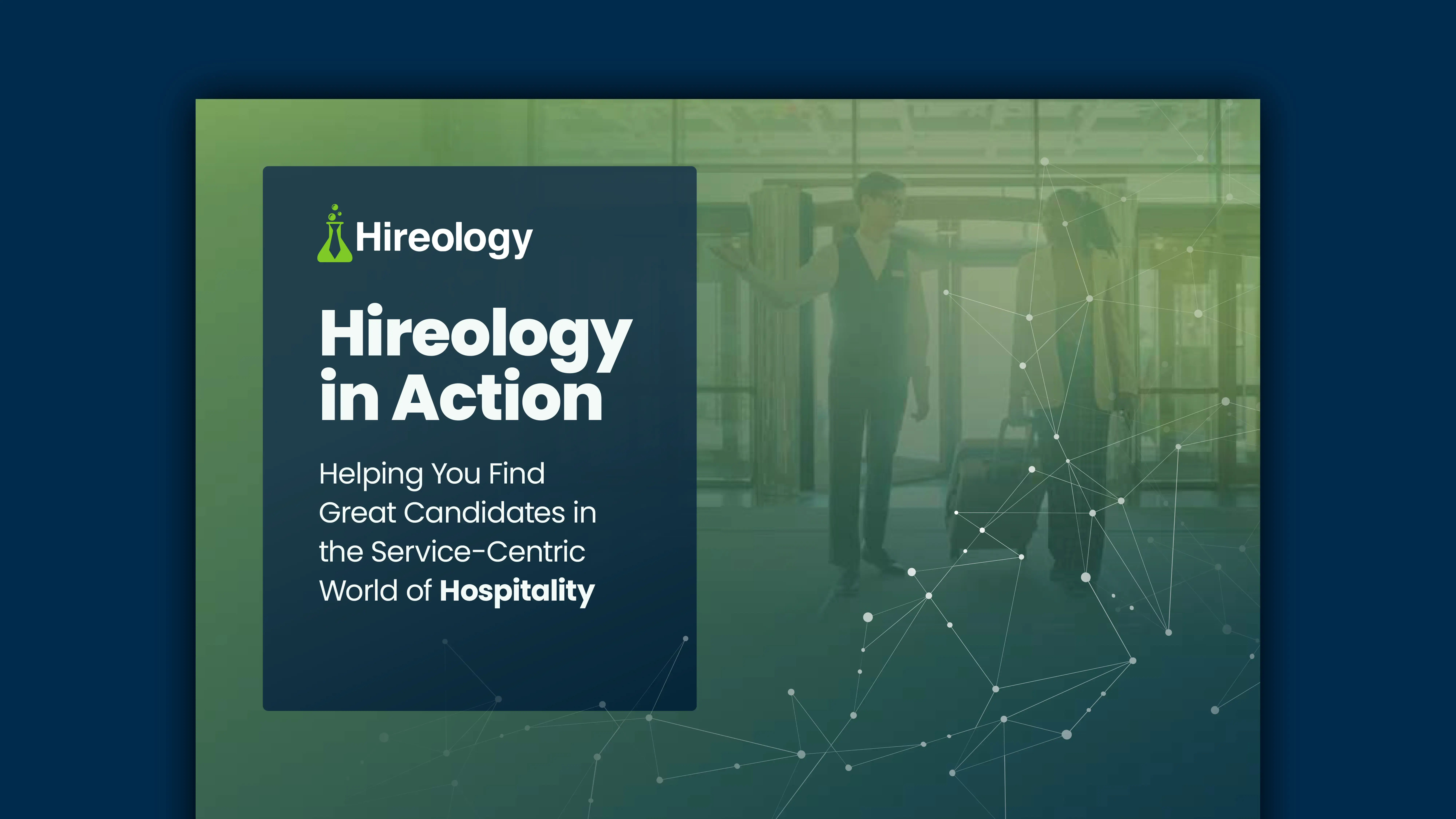 Overlay text about Hireology helping find candidates in hospitality with blurred image of people in lobby.