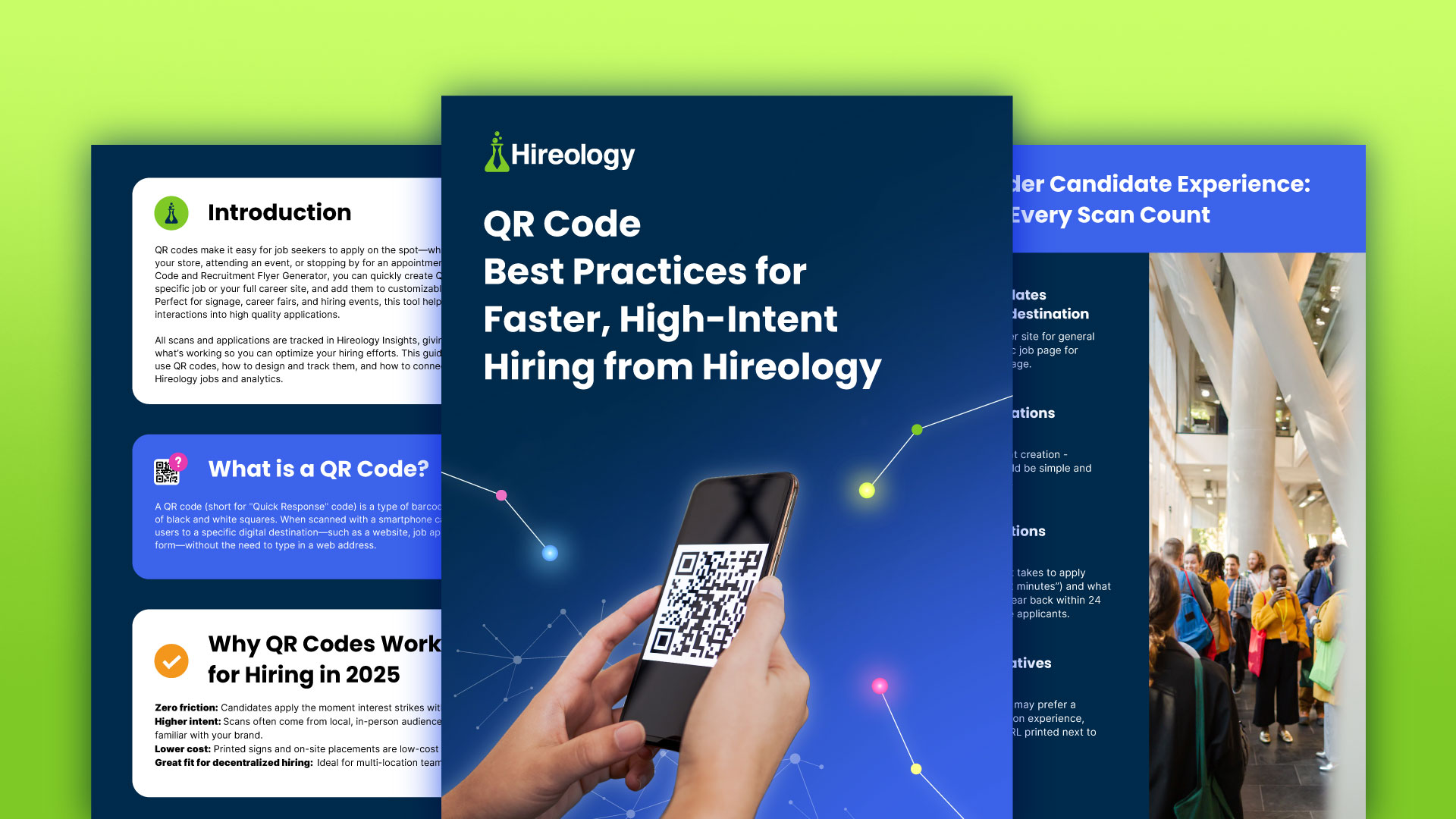 Hands holding smartphone displaying a QR code on a blue background with Hireology branding and text.