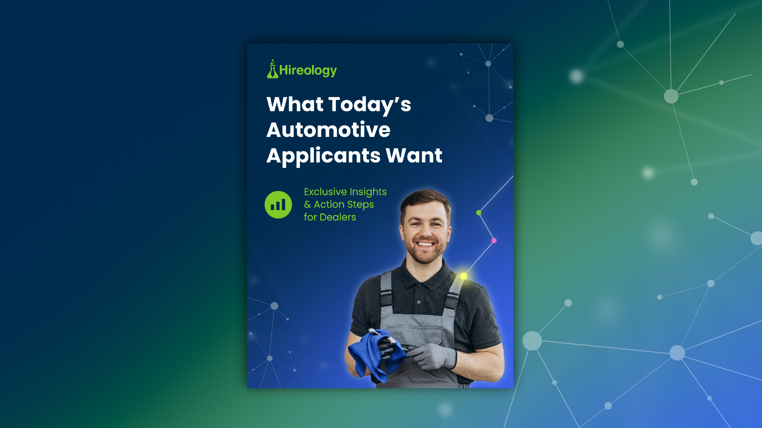 Smiling mechanic in gray overalls holding a blue cloth with text about automotive applicants' insights.