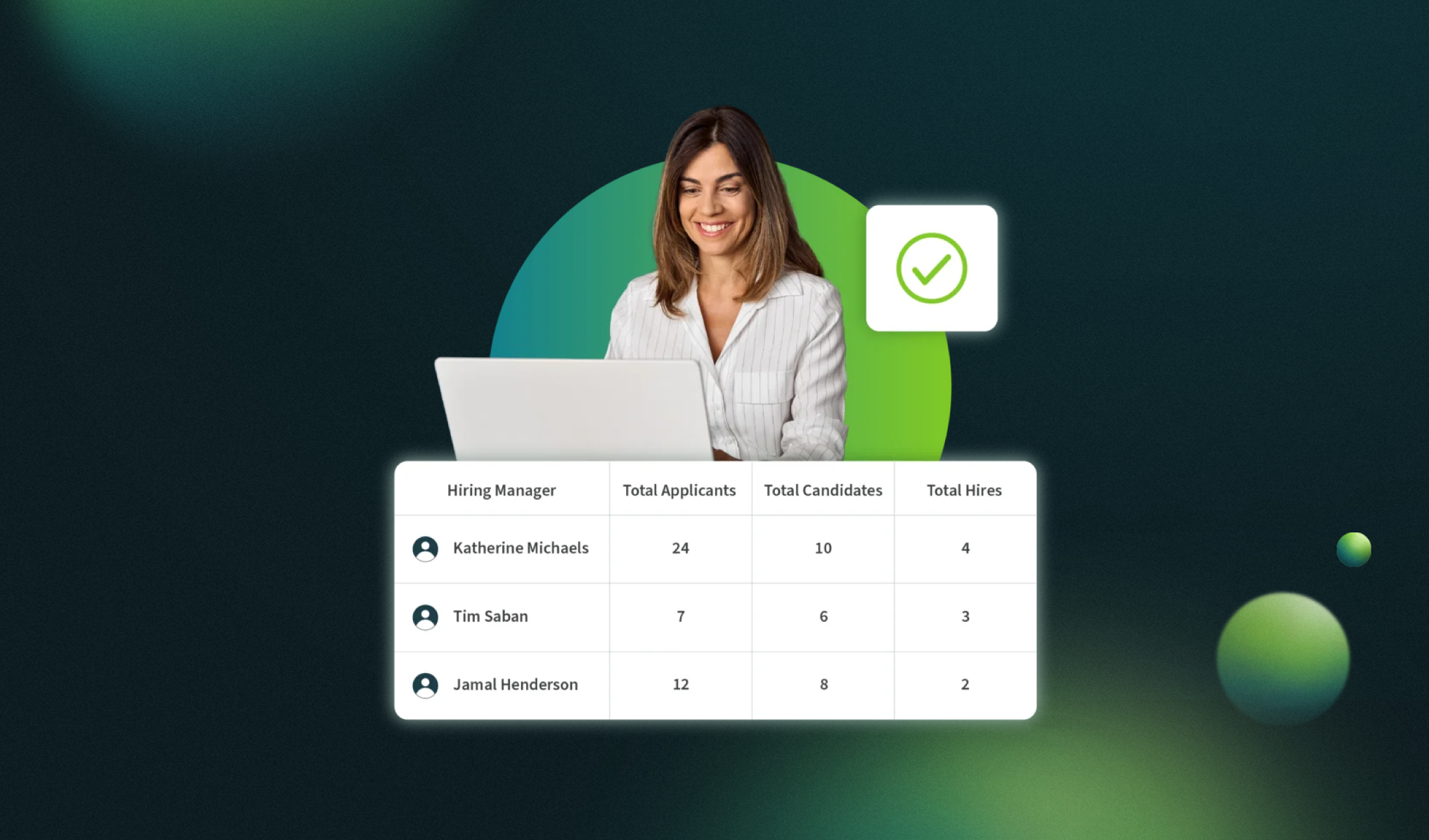 Smiling woman working on laptop above a table listing hiring managers, applicants, candidates, and hires.