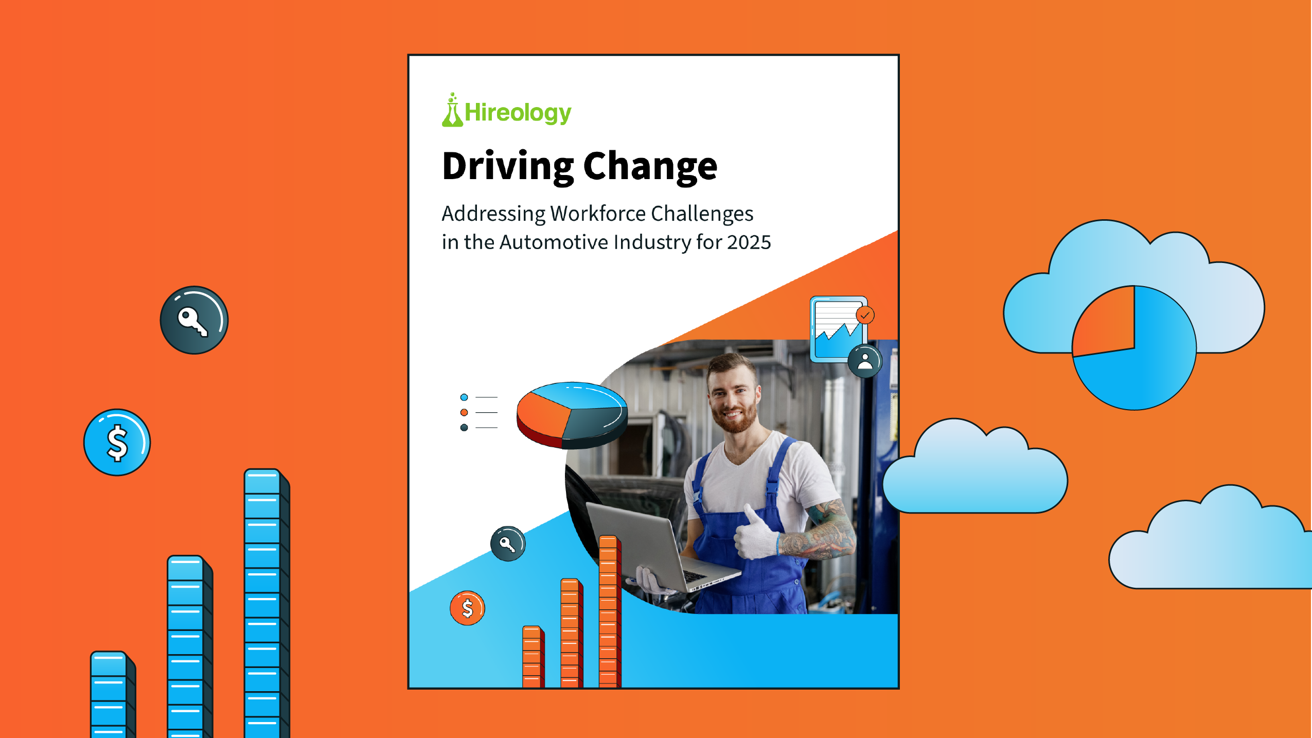 Report cover titled Driving Change with a mechanic giving thumbs up and charts on an orange background.