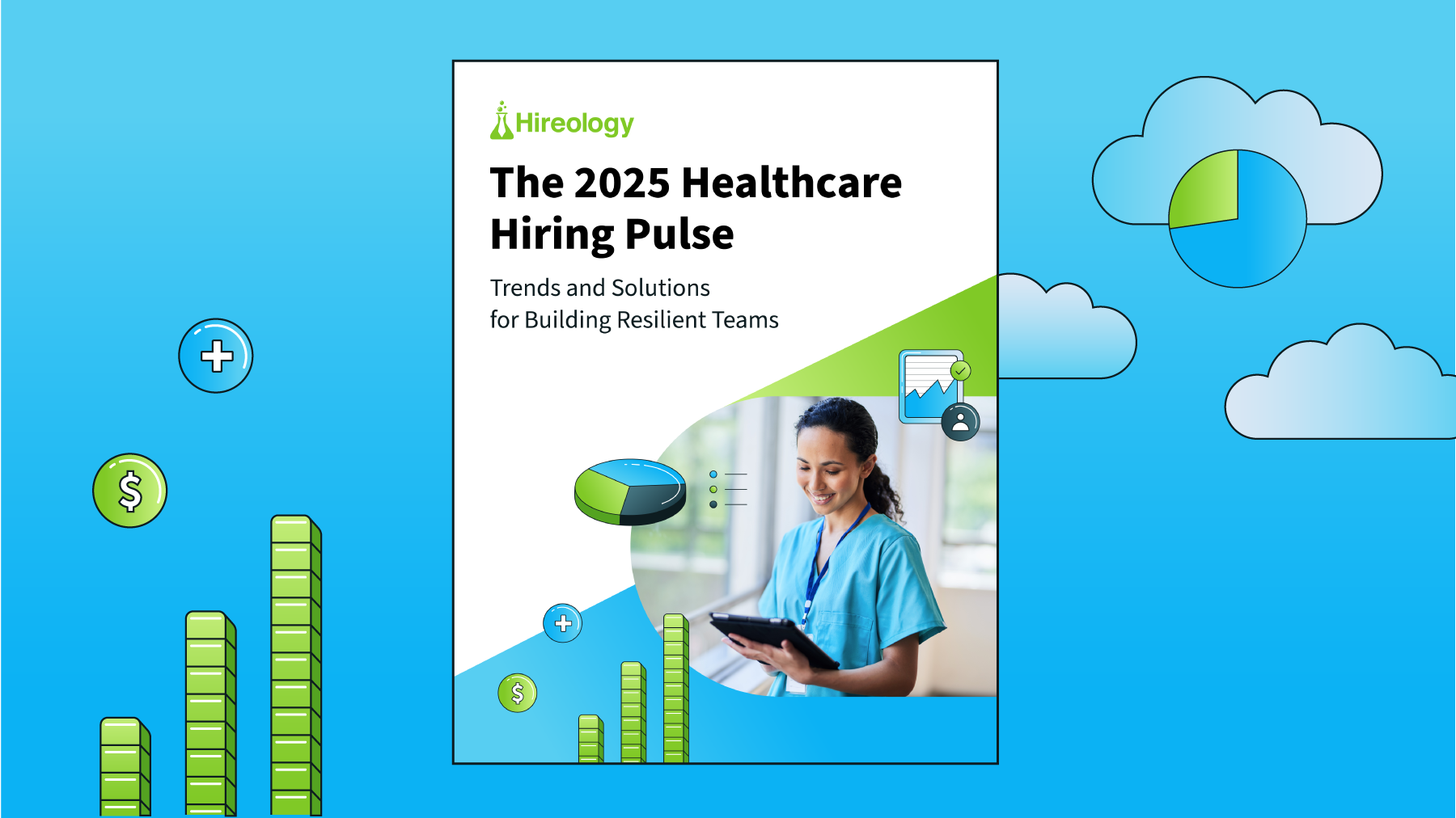 Healthcare worker in blue scrubs using a tablet on a 2025 healthcare hiring trends report cover.