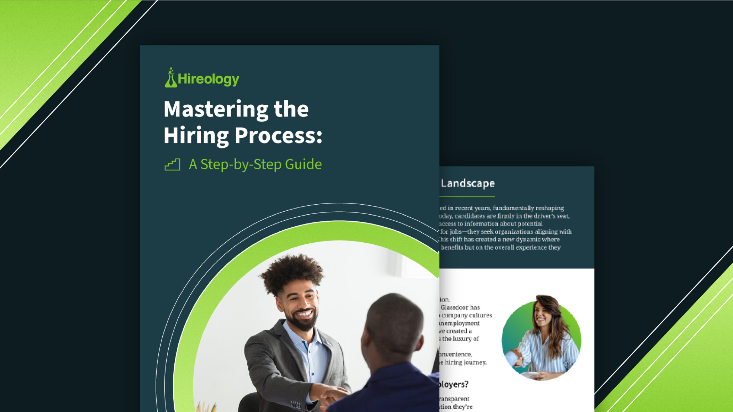 Cover of Hireology guide titled Mastering the Hiring Process with handshake between two men in a meeting.