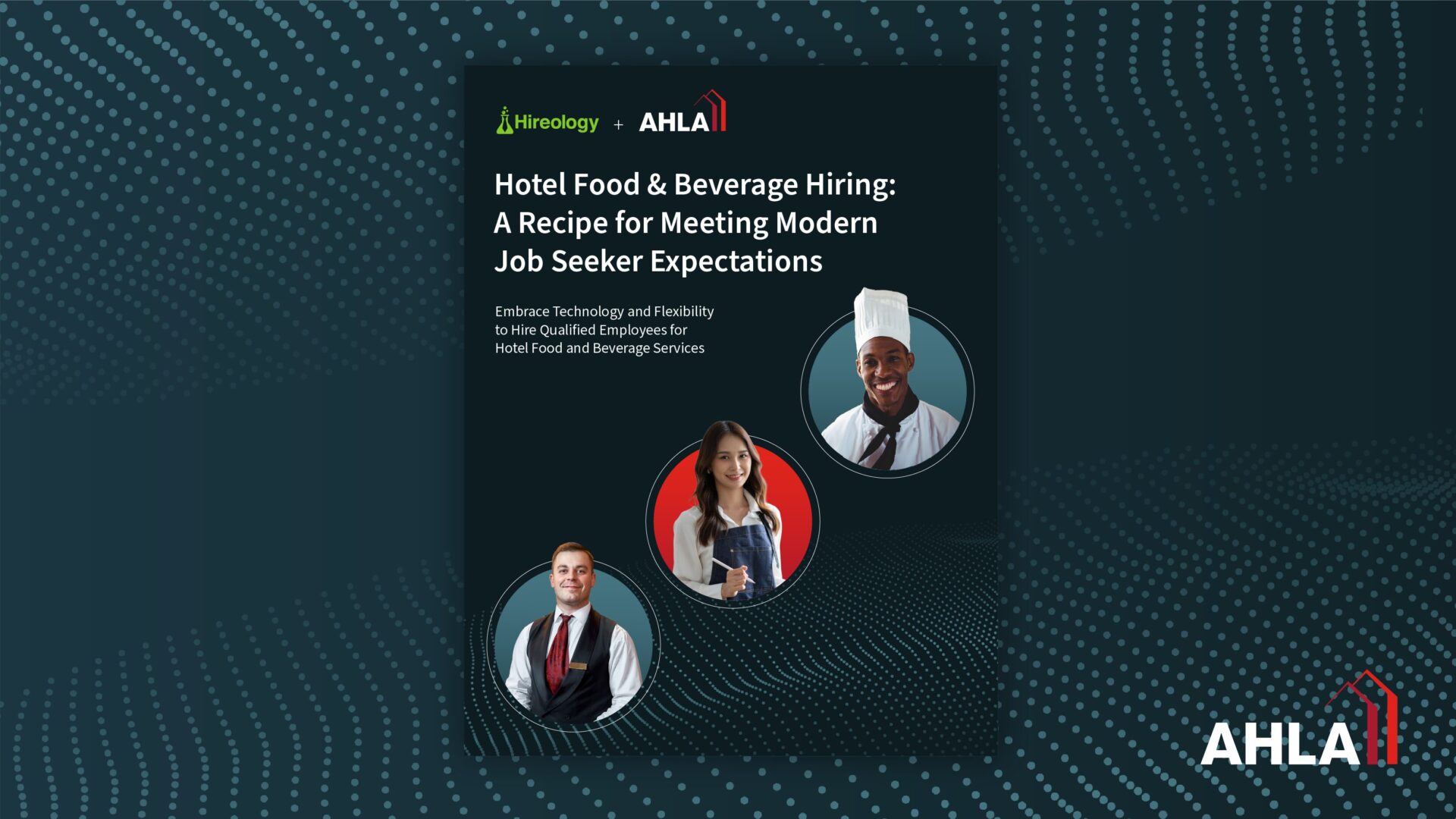 Cover titled Hotel Food & Beverage Hiring with photos of a chef, waitress, and waiter on dot-patterned background.