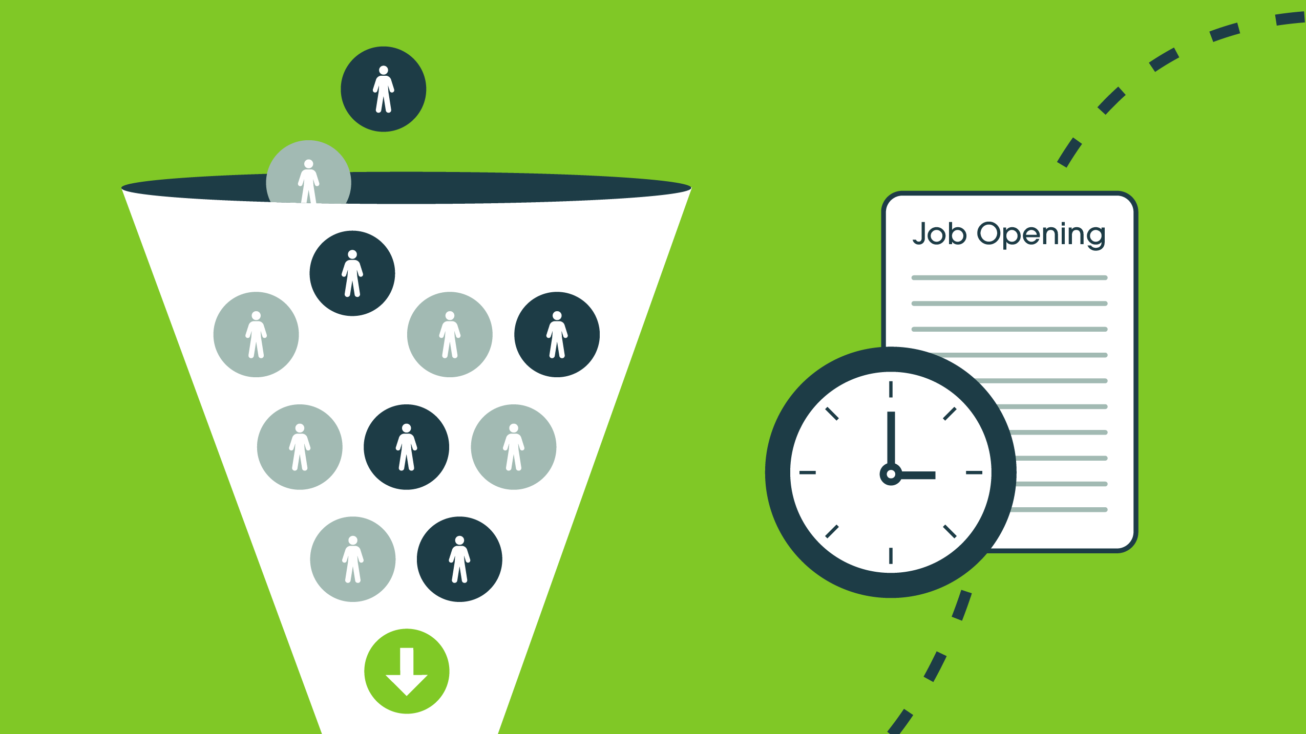 Graphic of a funnel with human icons flowing toward a clock and job opening document on green background.