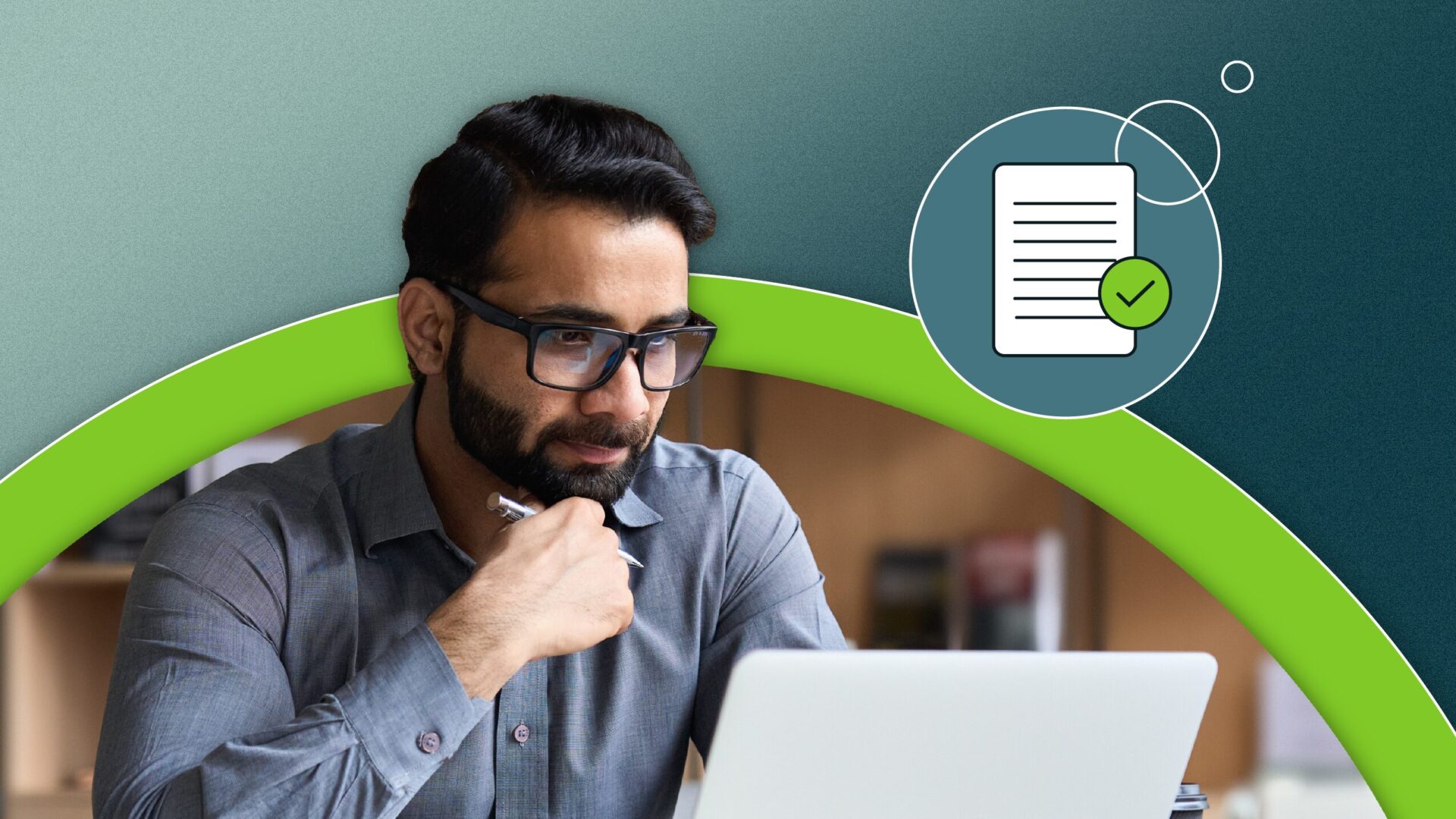 Man with glasses working on a laptop with a document and checkmark icon in the background.