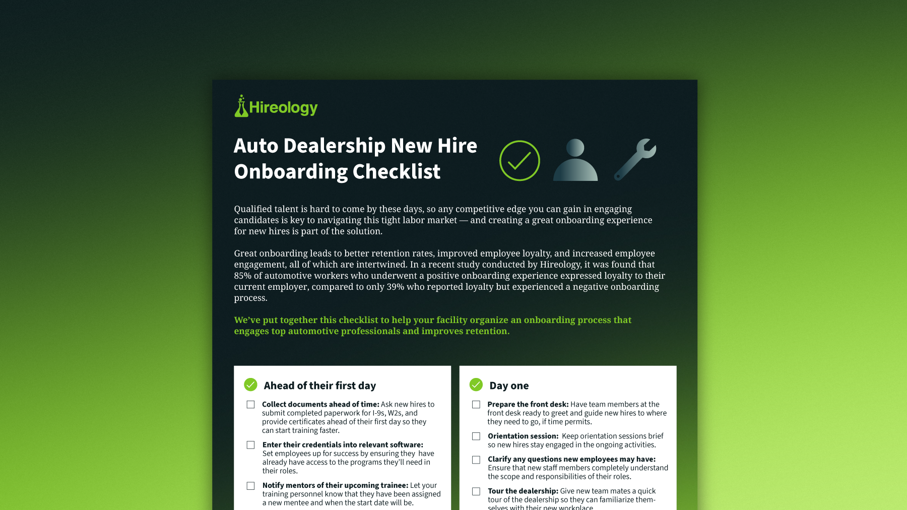 Hireology Auto Dealership New Hire Onboarding Checklist with steps before and on day one of employment.
