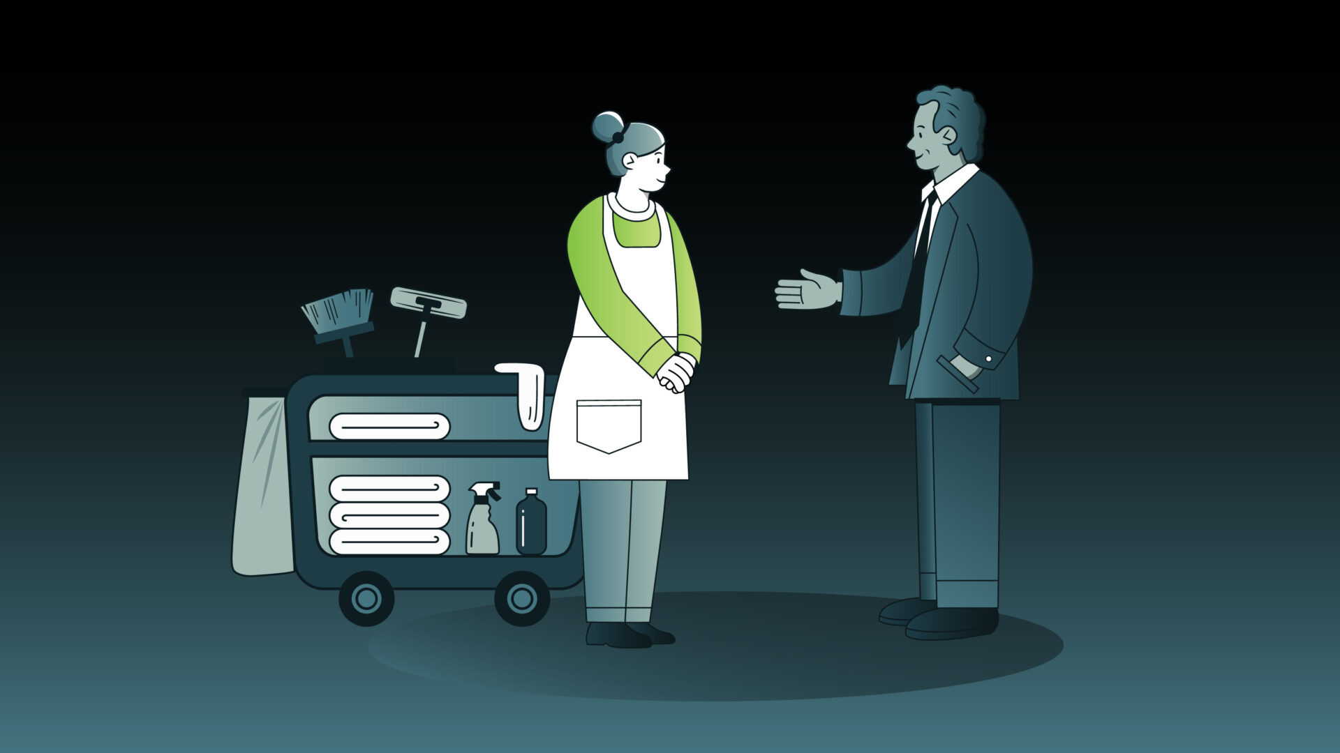 Illustration of housekeeper with cleaning cart talking to a man in a suit with outstretched hand.