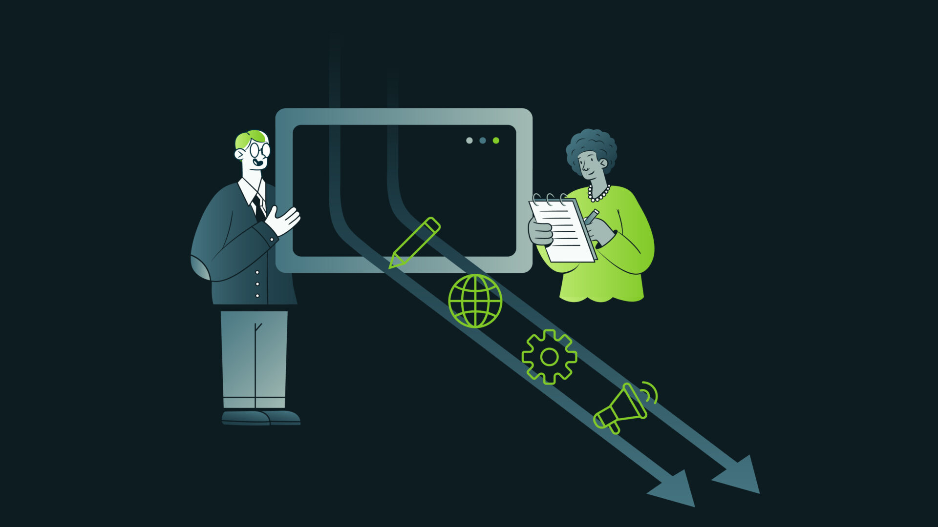 Illustration of two people with a screen and arrows pointing to icons of pencil, globe, gear, and megaphone.
