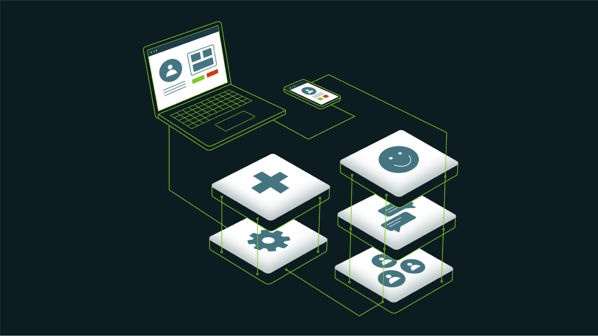 Illustration of a laptop and smartphone connected to stacked blocks with icons of health, settings, chat, and users.