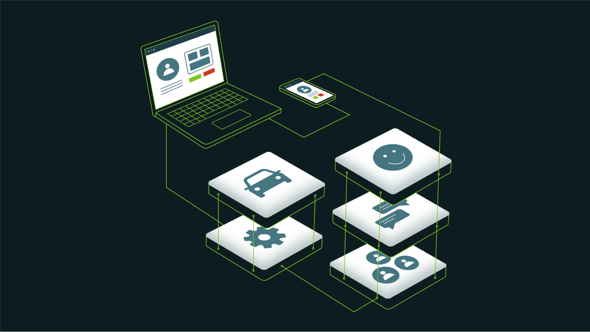 Illustration of a laptop and smartphone connected to layered blocks with icons like car, gear, chat, smiley, and users.