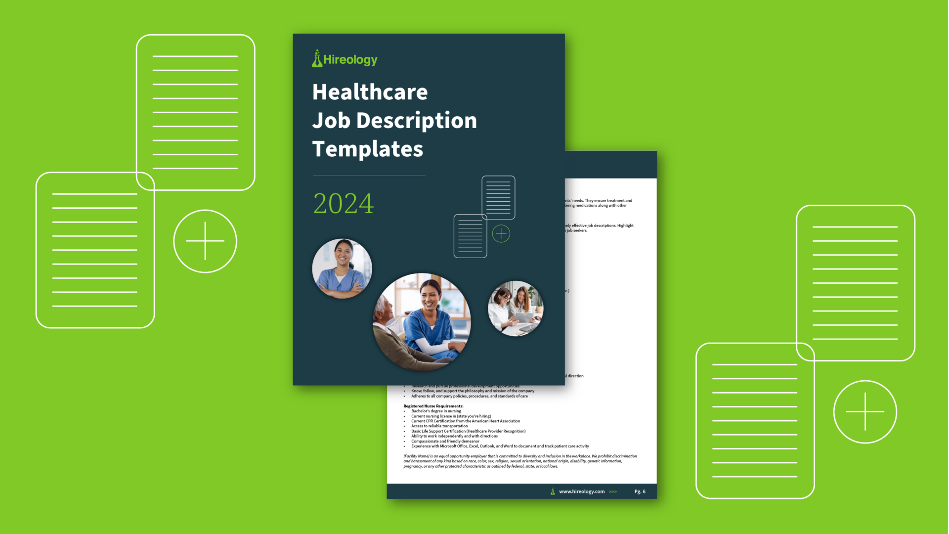 Cover of Hireology 2024 Healthcare Job Description Templates with photos of healthcare workers and office staff.