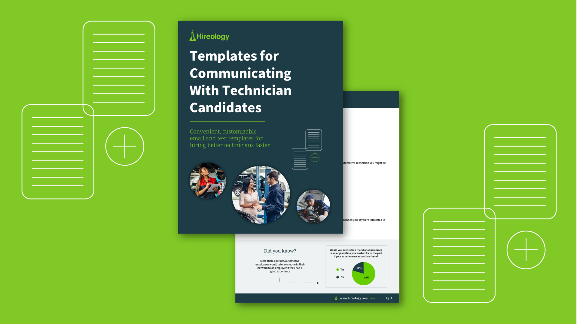 Hireology guide titled Templates for Communicating With Technician Candidates with images of technicians and a chart.