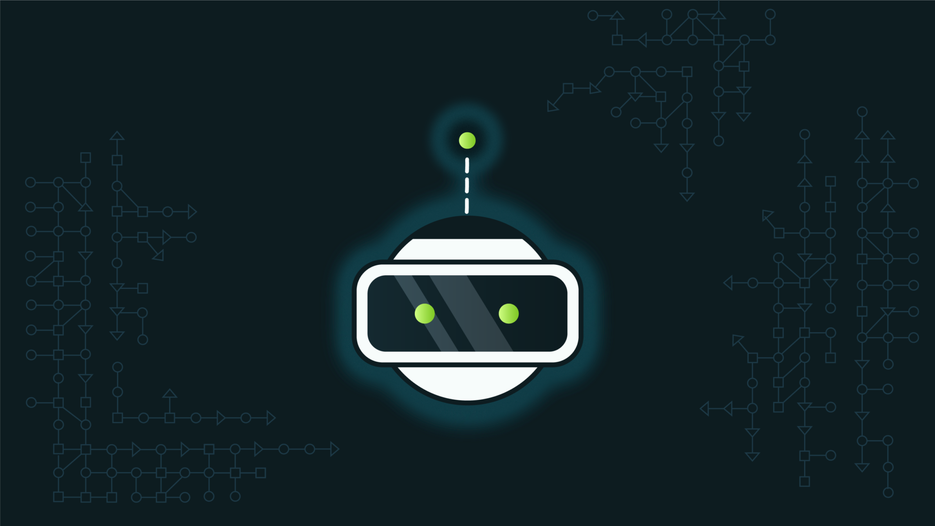 Icon of a white robot head with green eyes and antenna, surrounded by abstract network lines.