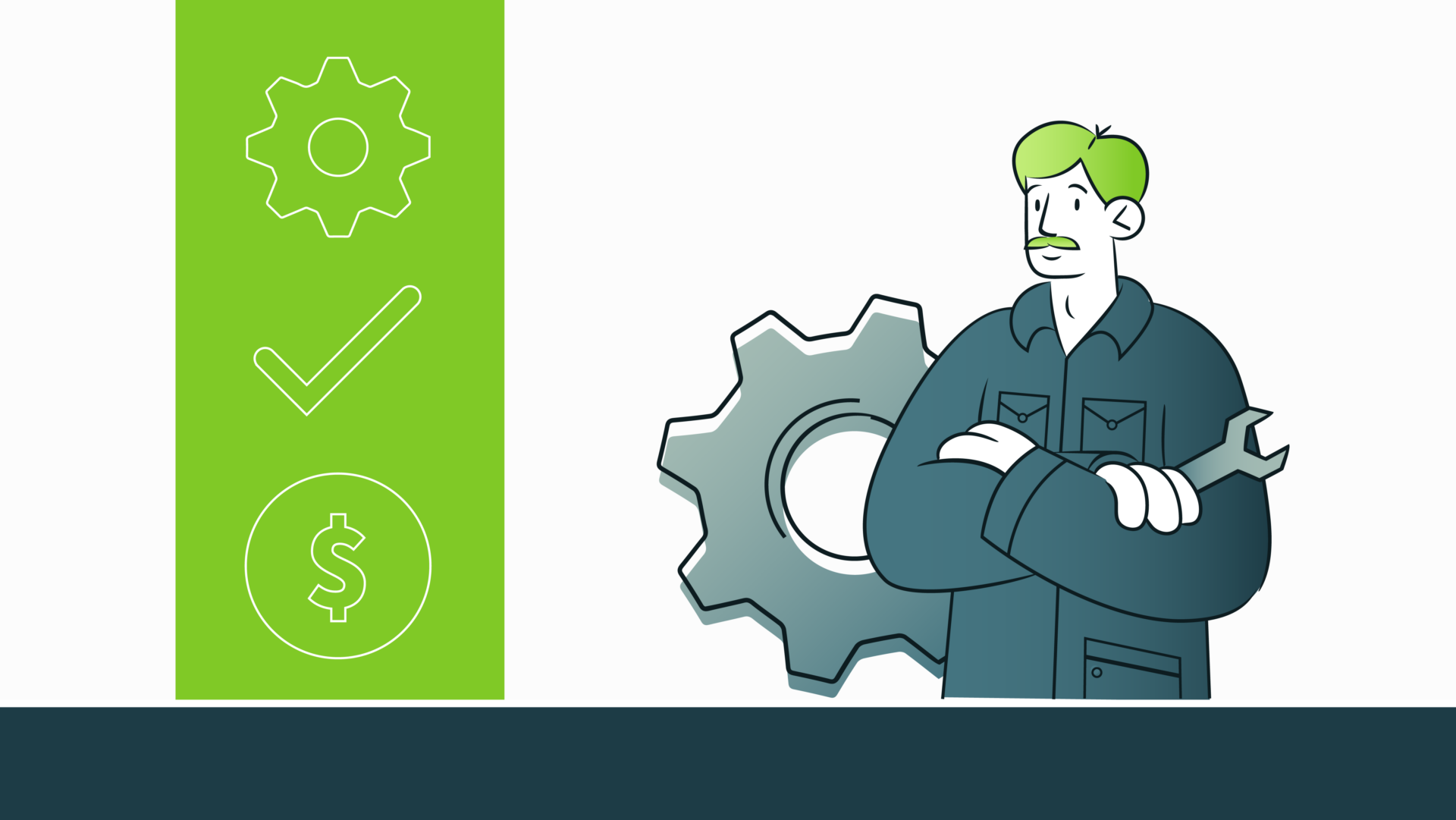 Illustration of a man with green hair holding a wrench with a large gear behind him and service icons.