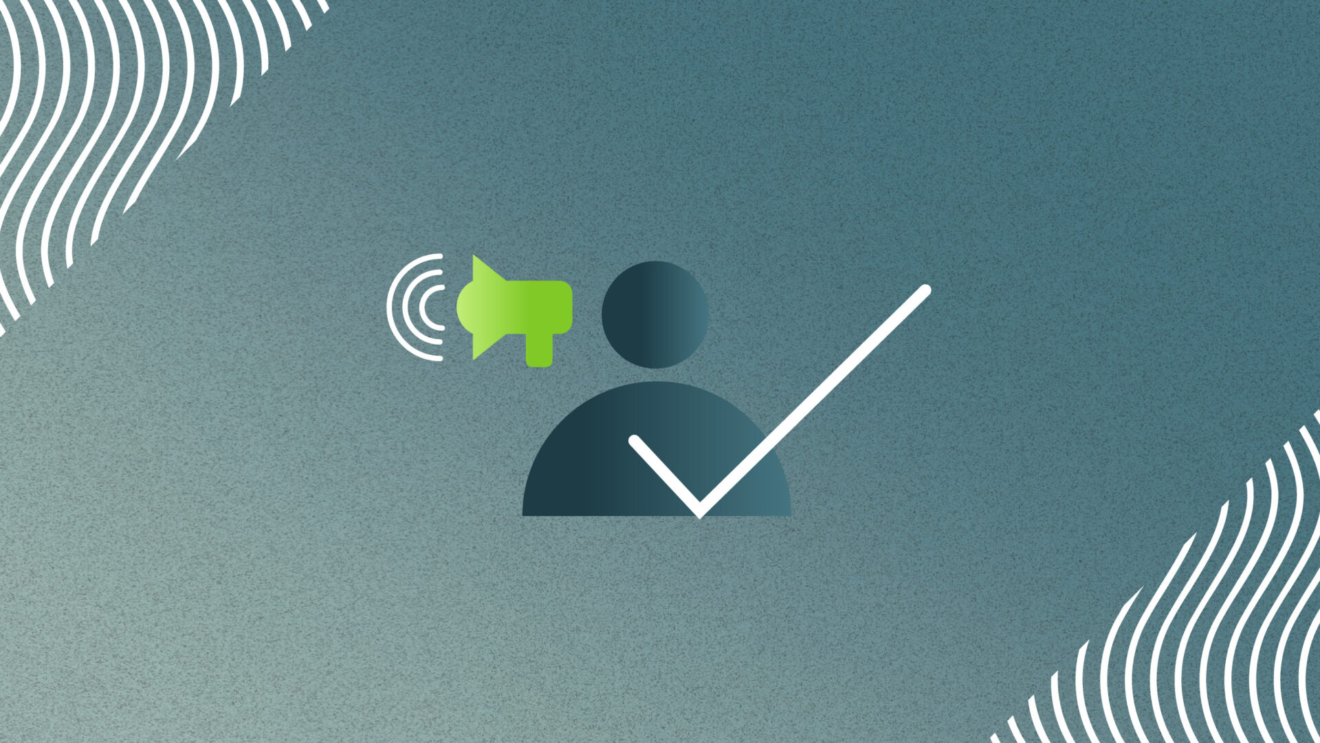 Icon of a person with a green megaphone and a white checkmark on a blue textured background.