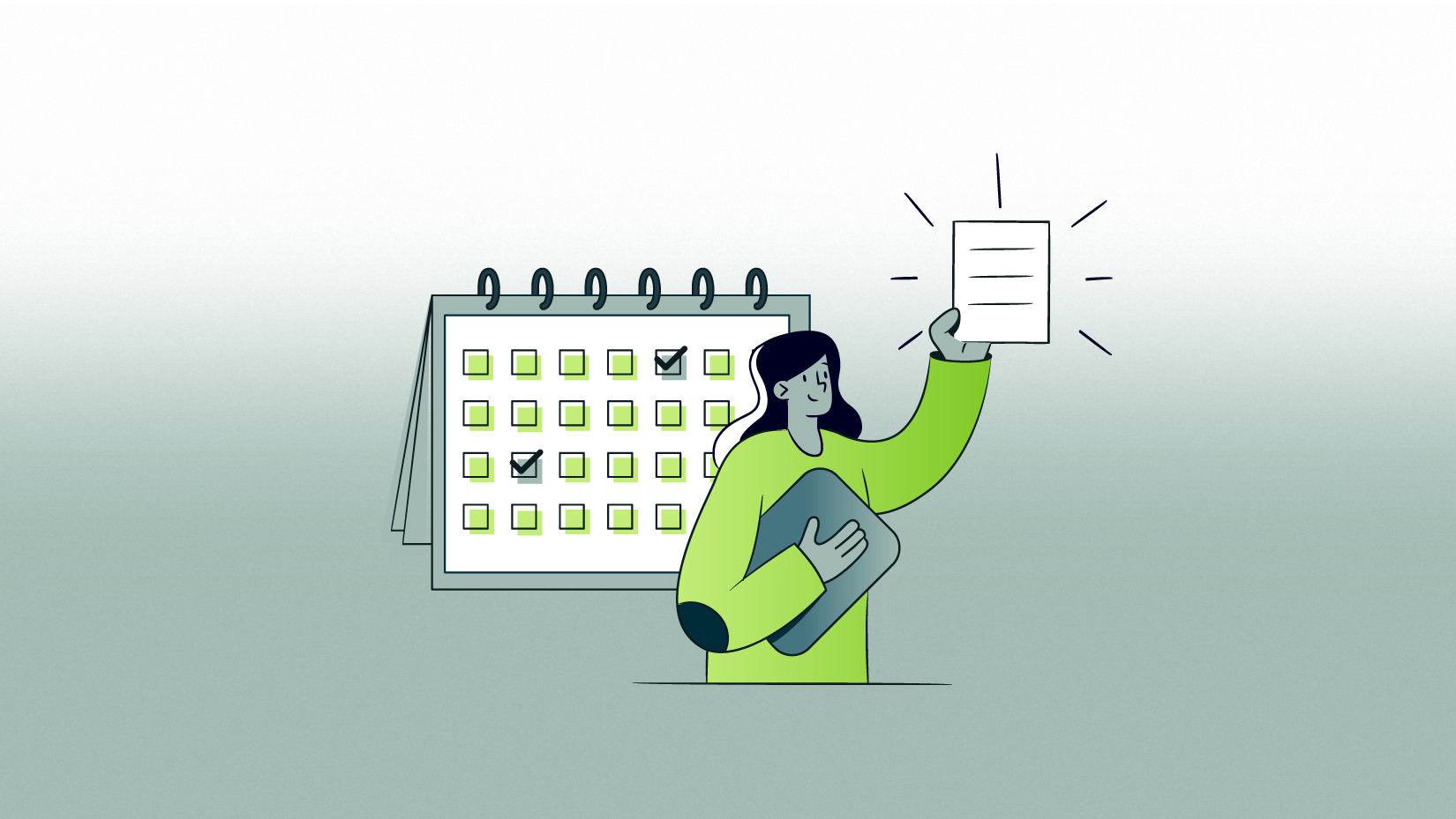 Illustration of person holding a tablet and showing a paper with a checklist and calendar behind them.