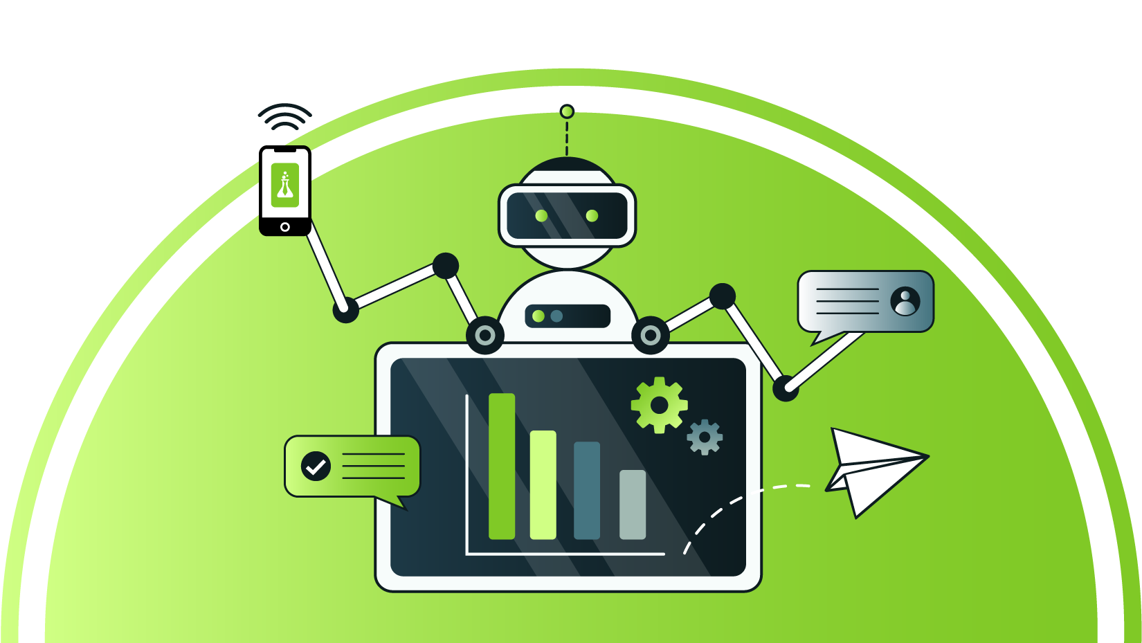 Robot with mechanical arms holding a smartphone and chat bubble over a chart with gears and a paper plane.