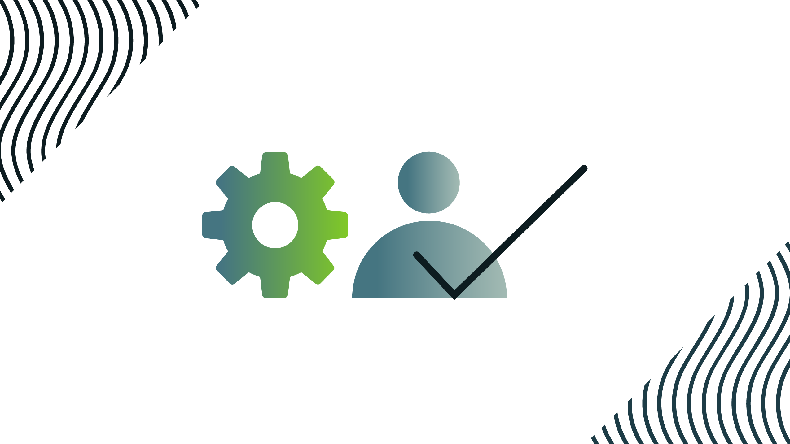 Green gear icon beside a blue user silhouette with a large check mark on white background.