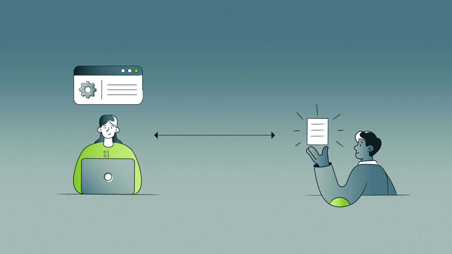 Illustration of woman at laptop and man holding document with arrows indicating exchange.