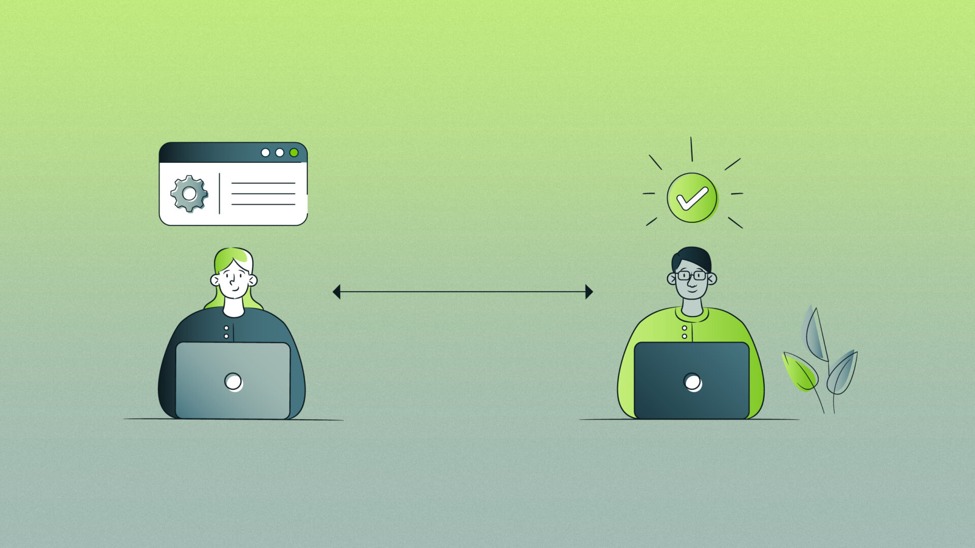 Two people with laptops facing each other with arrows between, symbolizing remote collaboration.