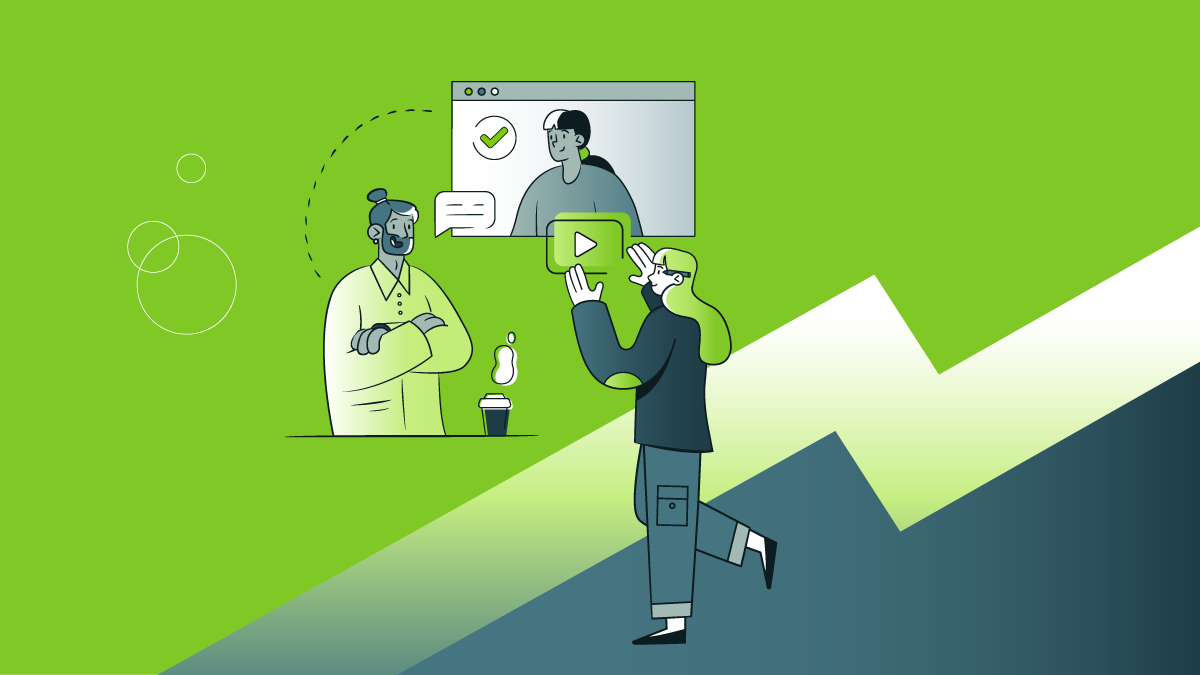 Illustration of two people interacting with a video chat interface, green and blue background with chart arrow.