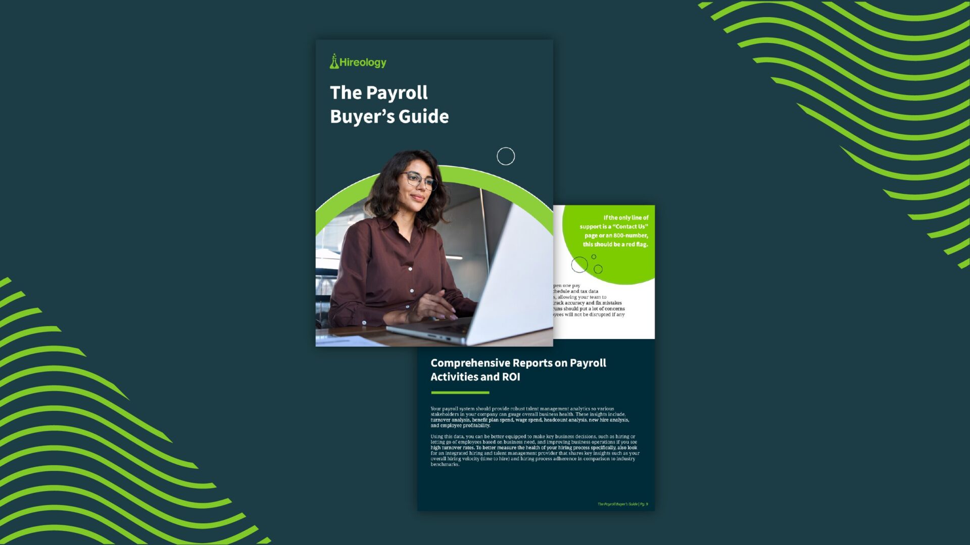 Cover of The Payroll Buyer's Guide with a woman working on a laptop and a page about payroll reports.