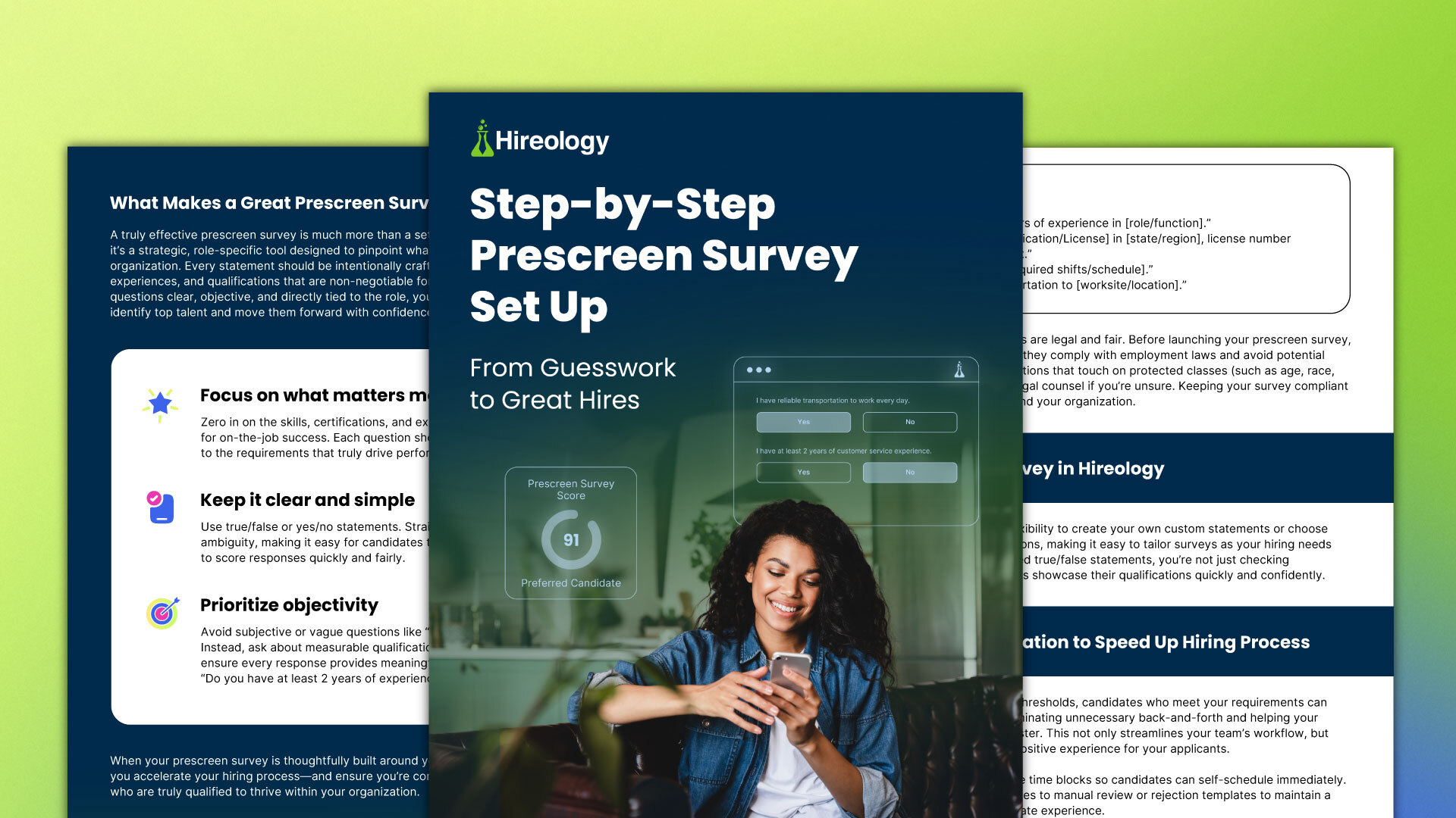 Young woman smiling and looking at phone with Hireology prescreen survey setup interface overlaid.