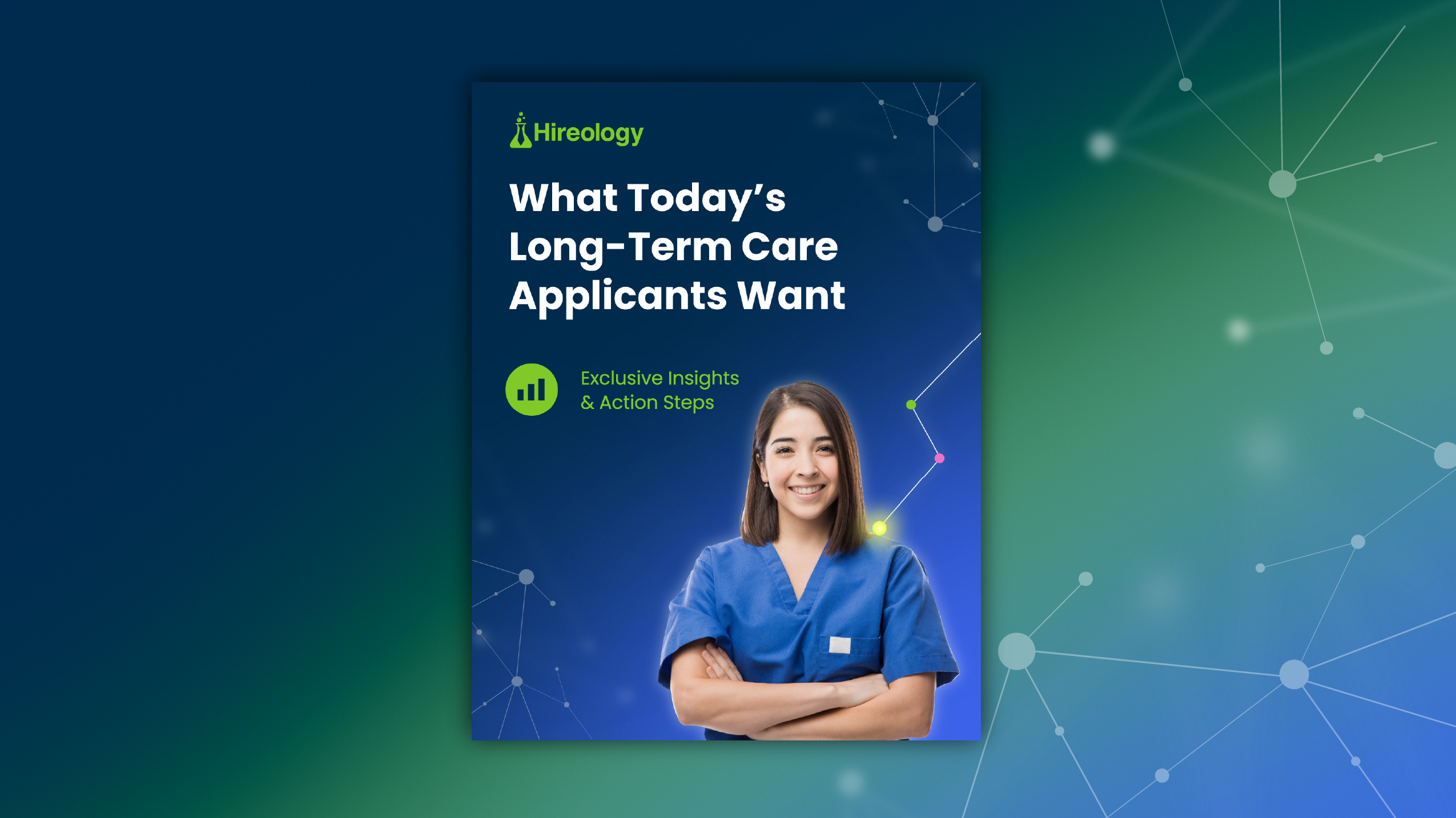 Smiling woman in blue medical scrubs with text about long-term care applicants and insights.